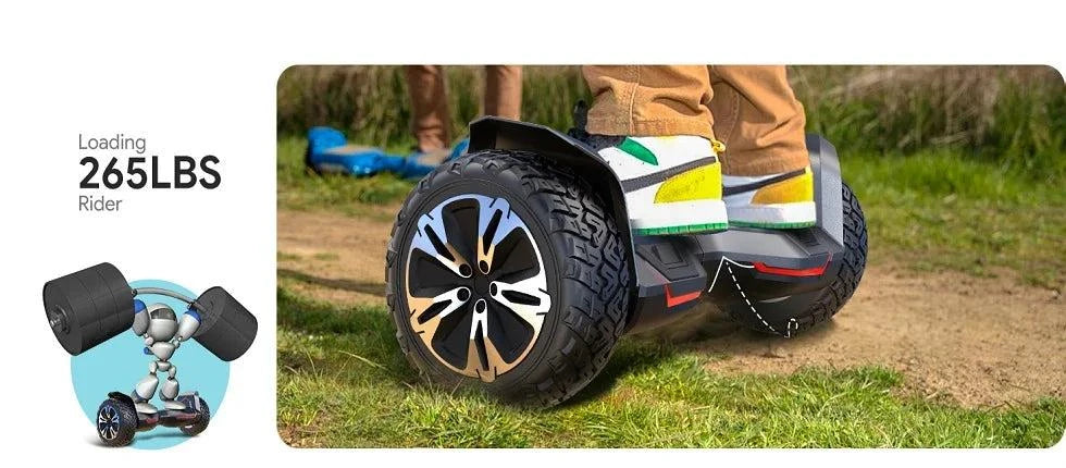 All-terrain hoverboard with black wheels, colorful side panels, and rugged tires
