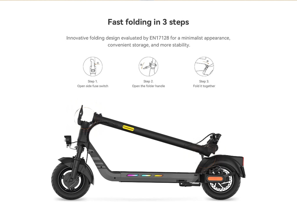 Black electric scooter folded, side view showing wheels and frame