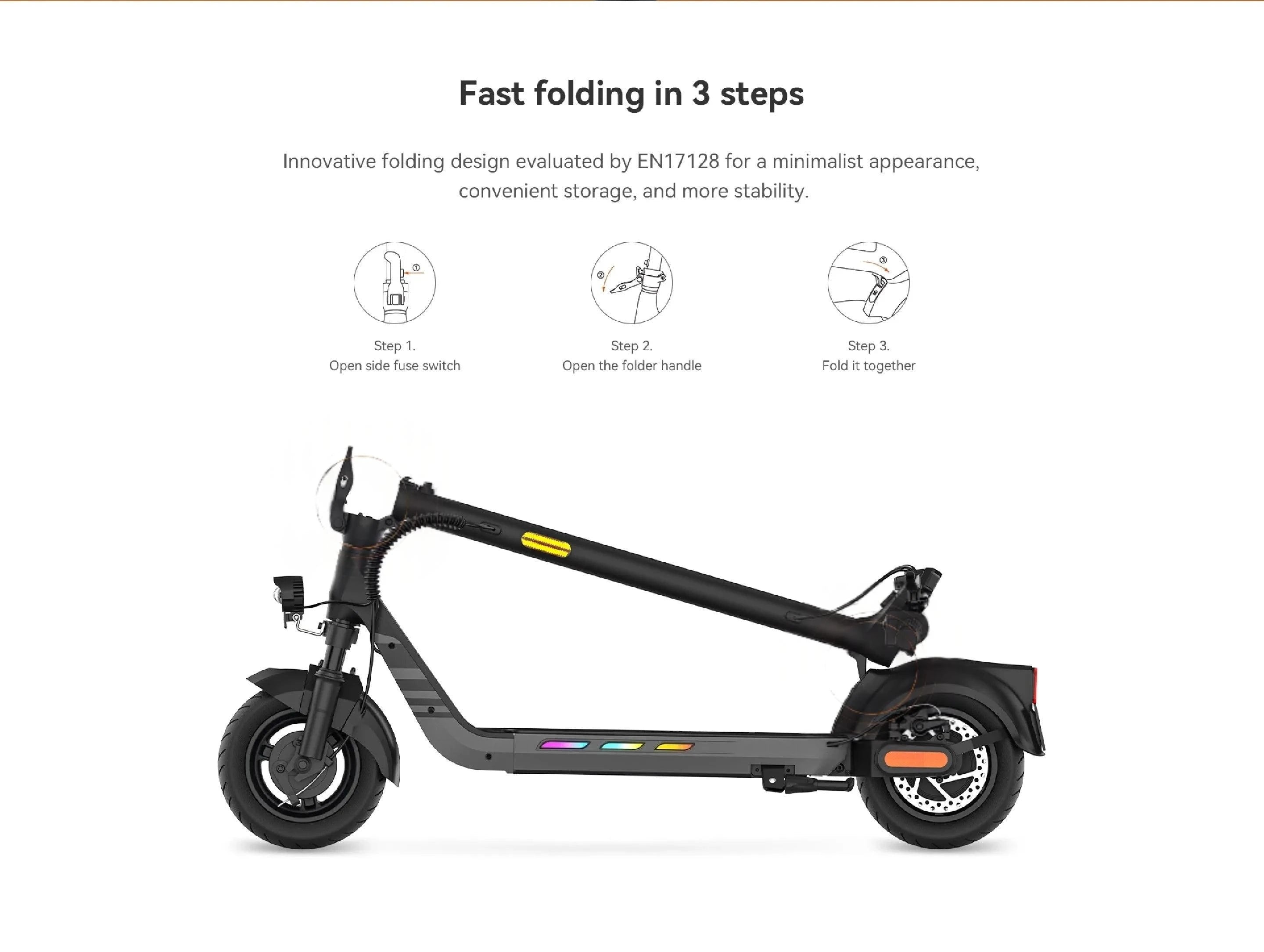 Black electric scooter folded, side view showing wheels and frame