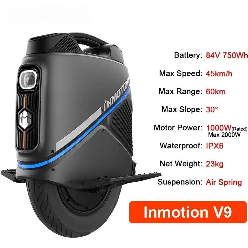 INMOTION V9 electric unicycle close side view with blue stripe and rear pedal