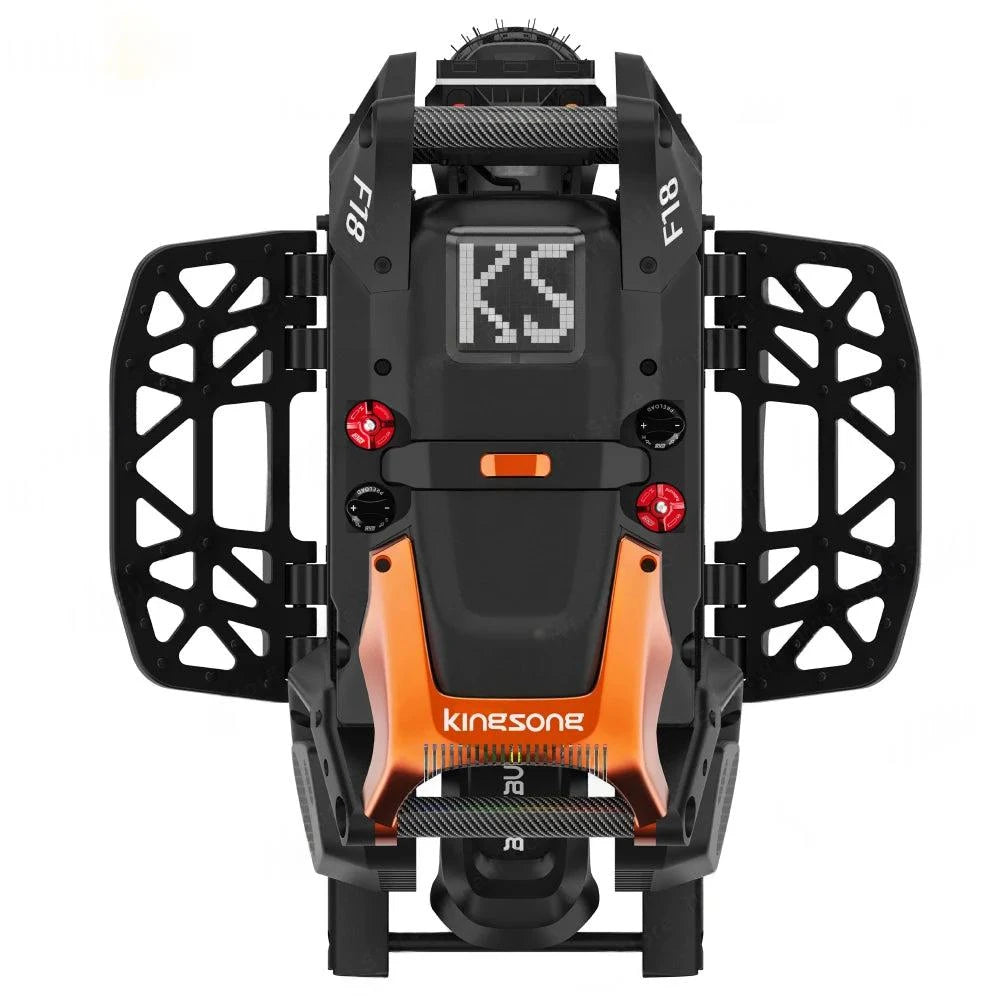 Electric unicycle top-down view with black armor, orange base accents, rear light and display panel