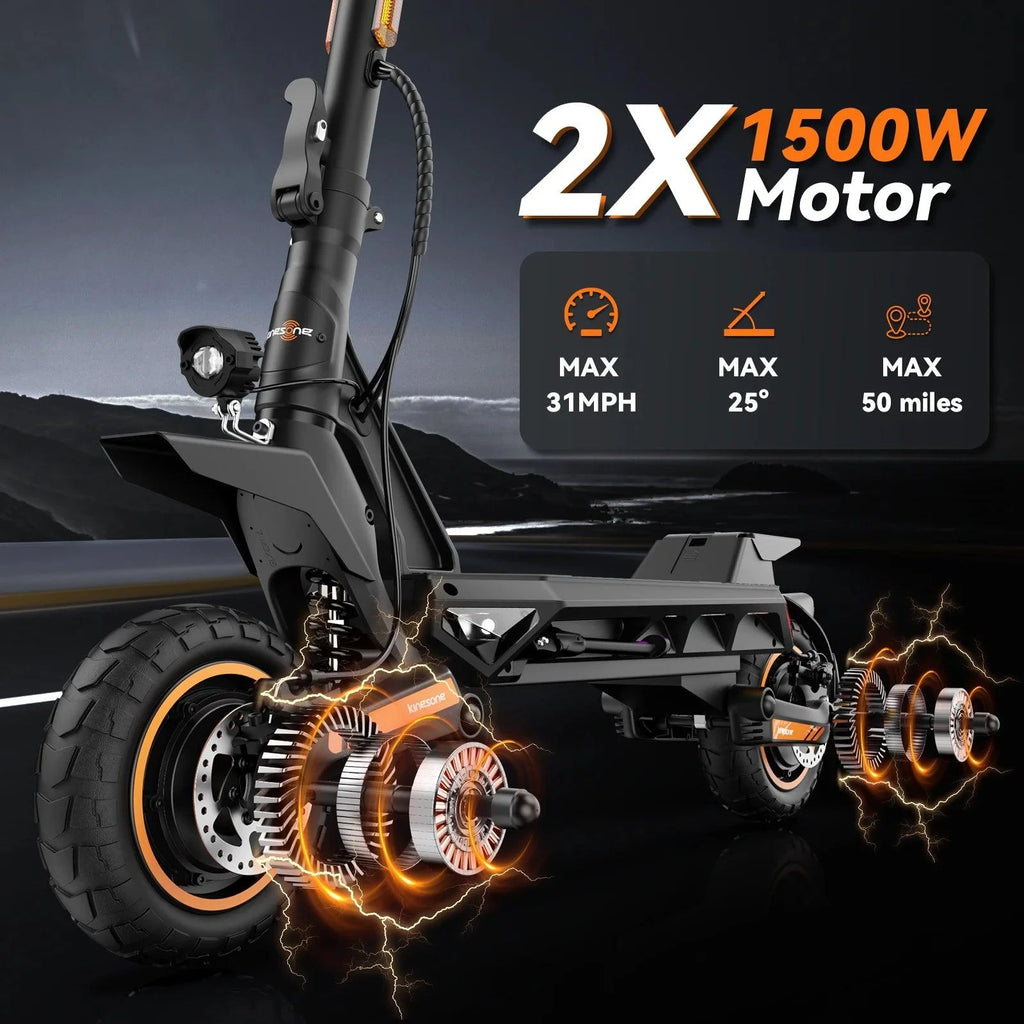 Front wheel and fork of a black electric scooter with rugged off-road tire