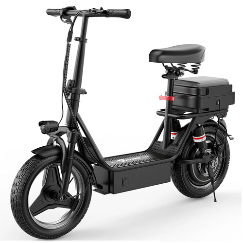 Black foldable electric scooter with LED display and front storage box