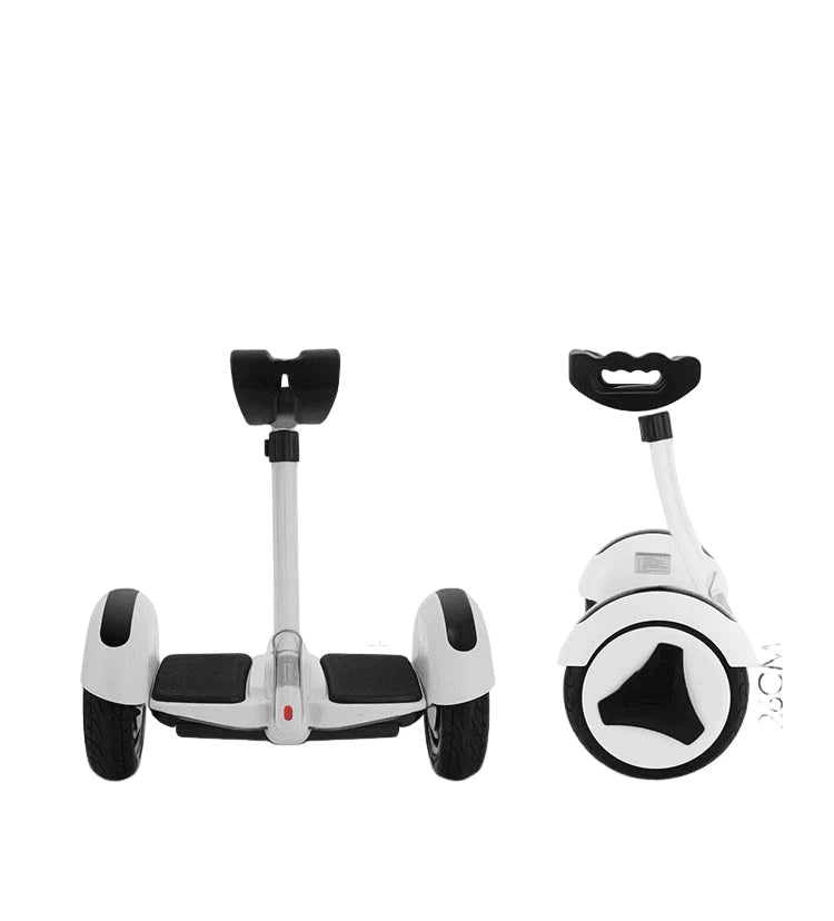 White hoverboard with handle, side view showing wheels and foot pads
