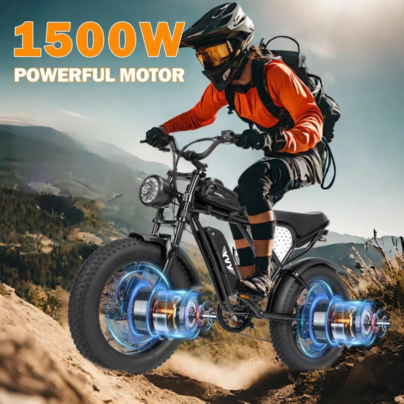Electric fat-tire bike with headlight, front suspension fork, and LED glowing wheel rings.