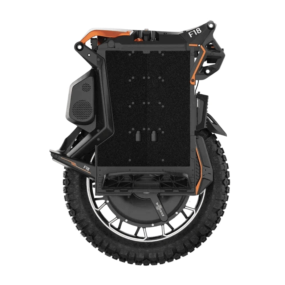 Electric unicycle with black body, knobby tire, orange trim, front and side panels visible