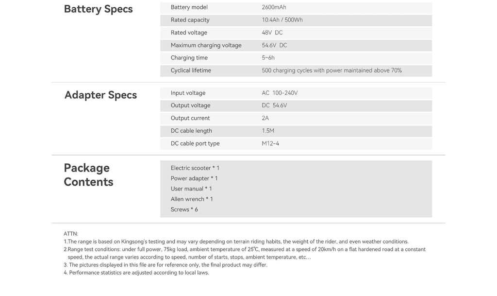Electric scooter spec sheet listing battery and package contents