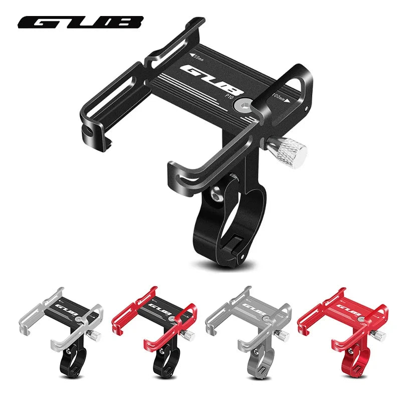 Black aluminum bike phone mount with handlebar clamps and phone holder arms