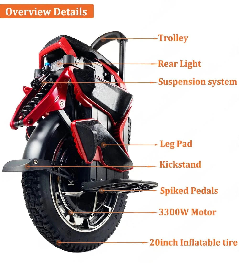 Red and black electric unicycle showing trolley handle, leg pads, kickstand, and pedals