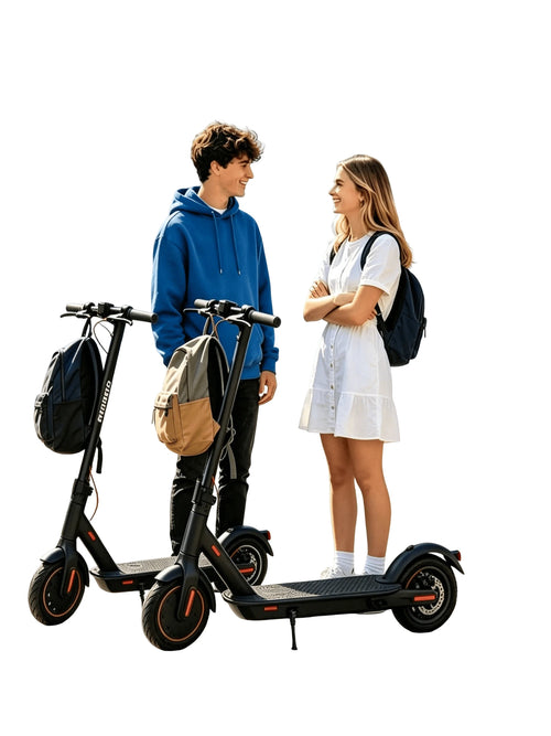 Black electric scooter with front headlight and foldable frame