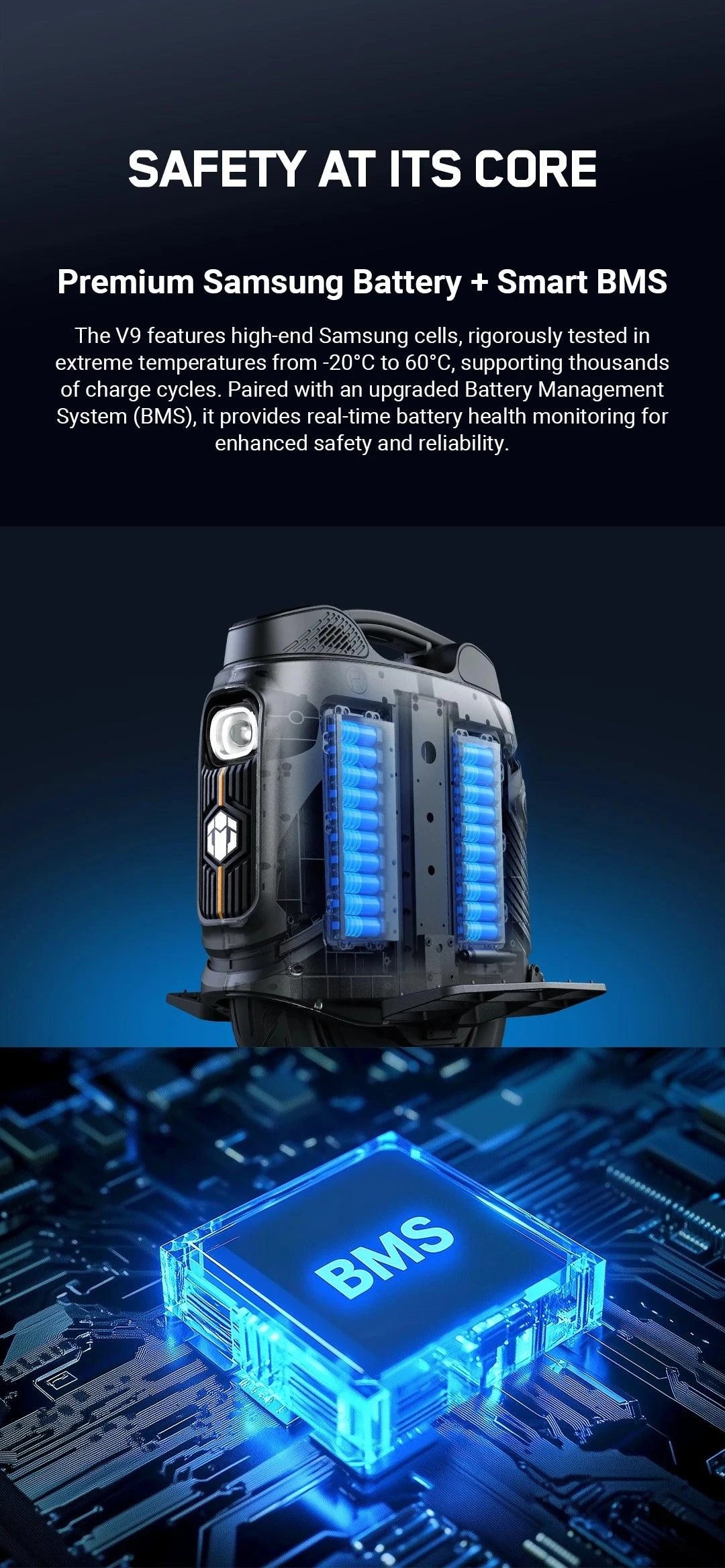 Electric unicycle front panel with blue LED circuit details and central body