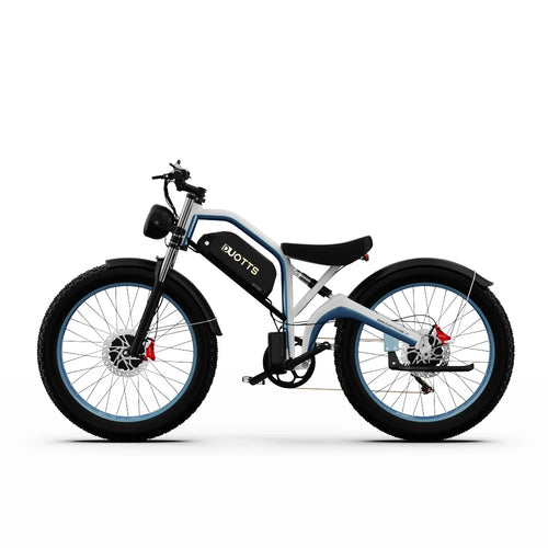 Electric mountain bike with light blue frame, white accents, fat tires and front headlight