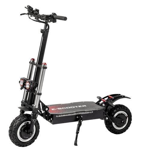 Black electric scooter with front fork and wheels, partial side view