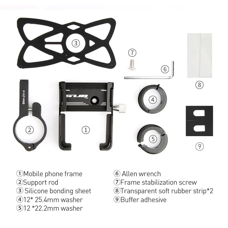 Phone mount kit parts: frame, rubber strips, washers, and Allen wrench
