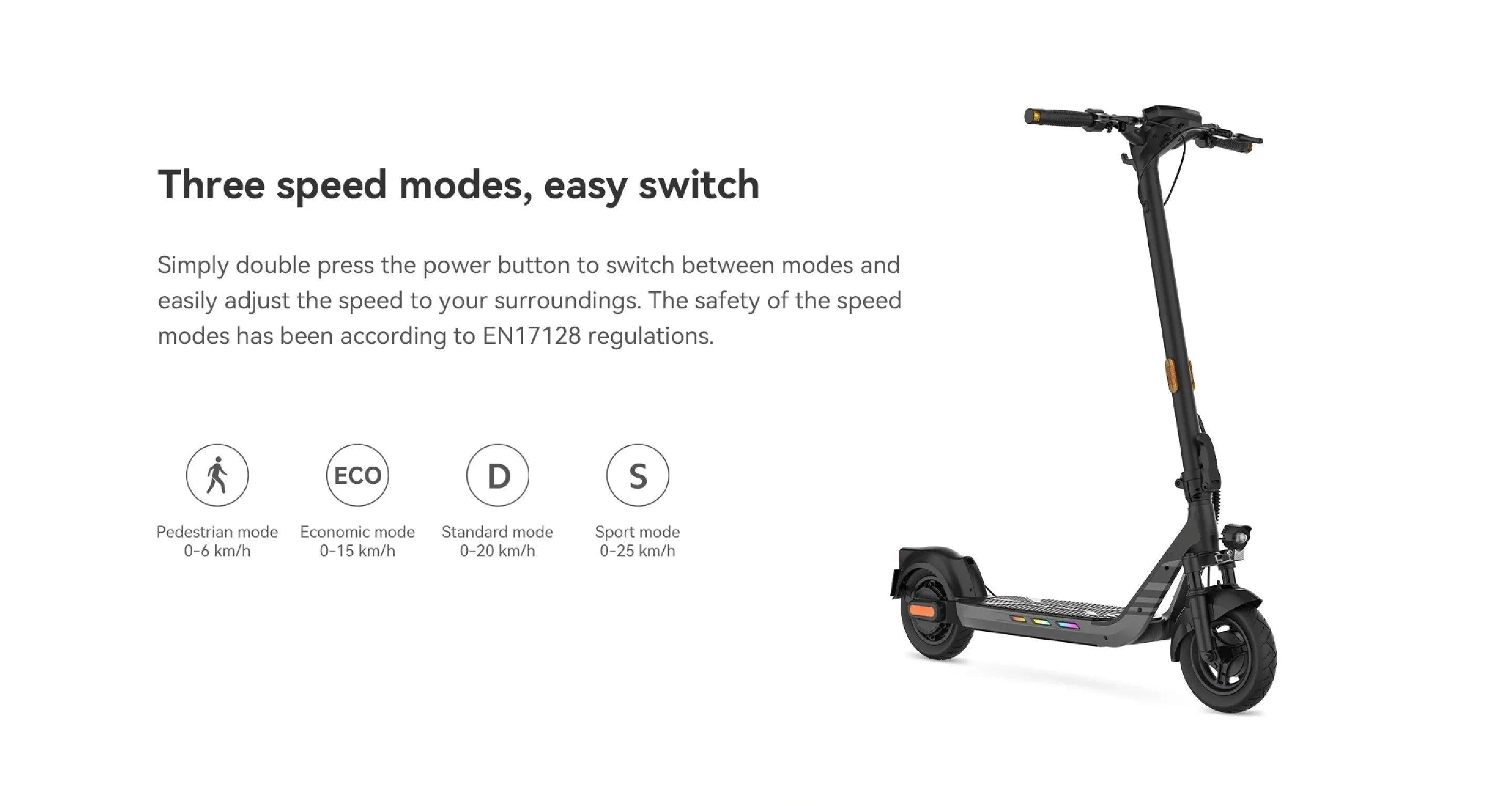 Black electric scooter front-right view with handlebars and deck