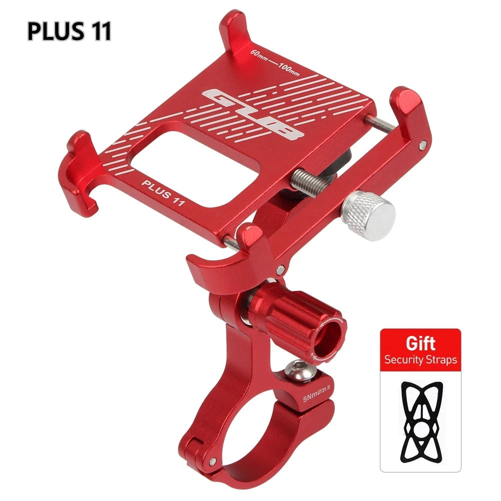 Red aluminum bike phone mount with handlebar clamp and adjustment knob, Plus 11
