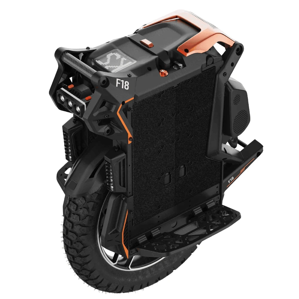 Electric unicycle top and side view with black body, orange trim, handlebar housing and control panel