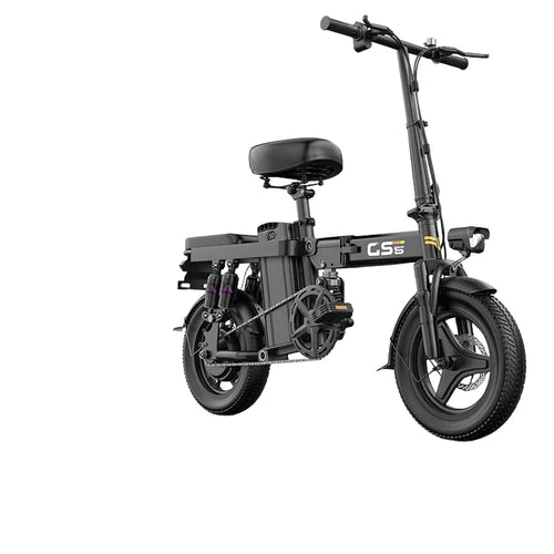 Folding e-bike in dark color with front suspension and headlight, black frame