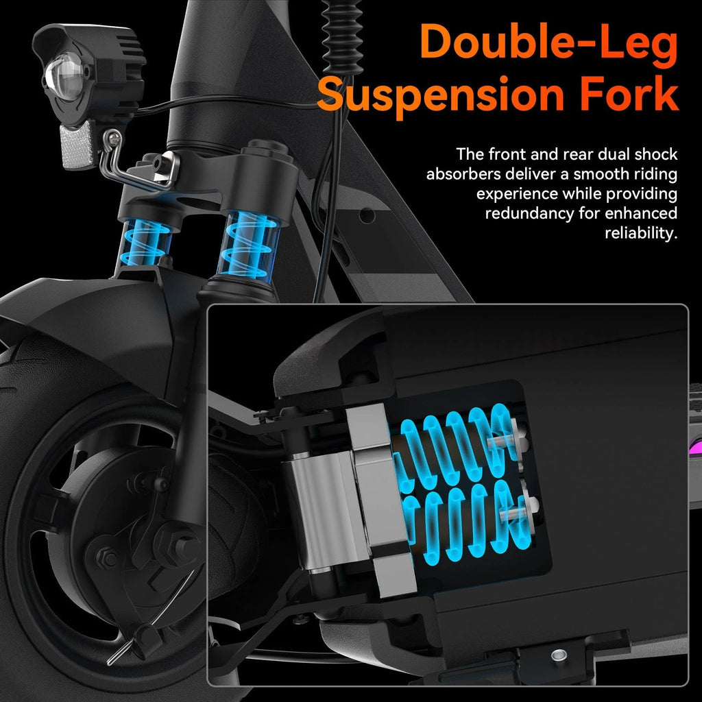 Electric scooter dual suspension fork with visible blue shock springs
