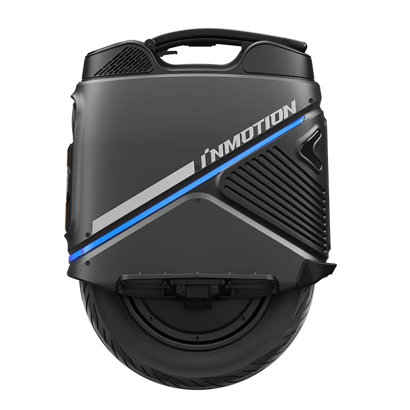 Electric unicycle front close-up with blue accent light bar