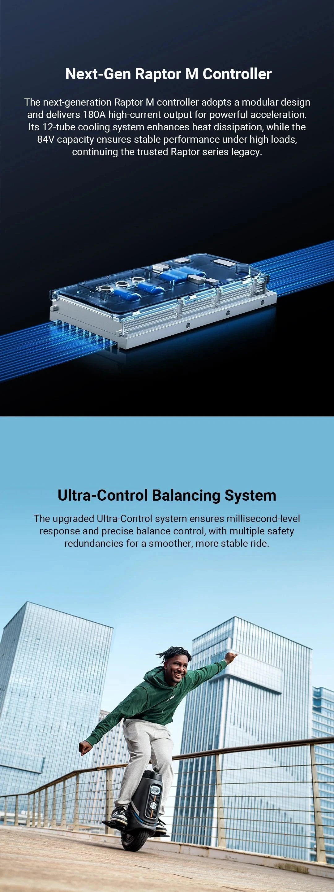 Electric unicycle battery/control unit top view with blue indicator lights