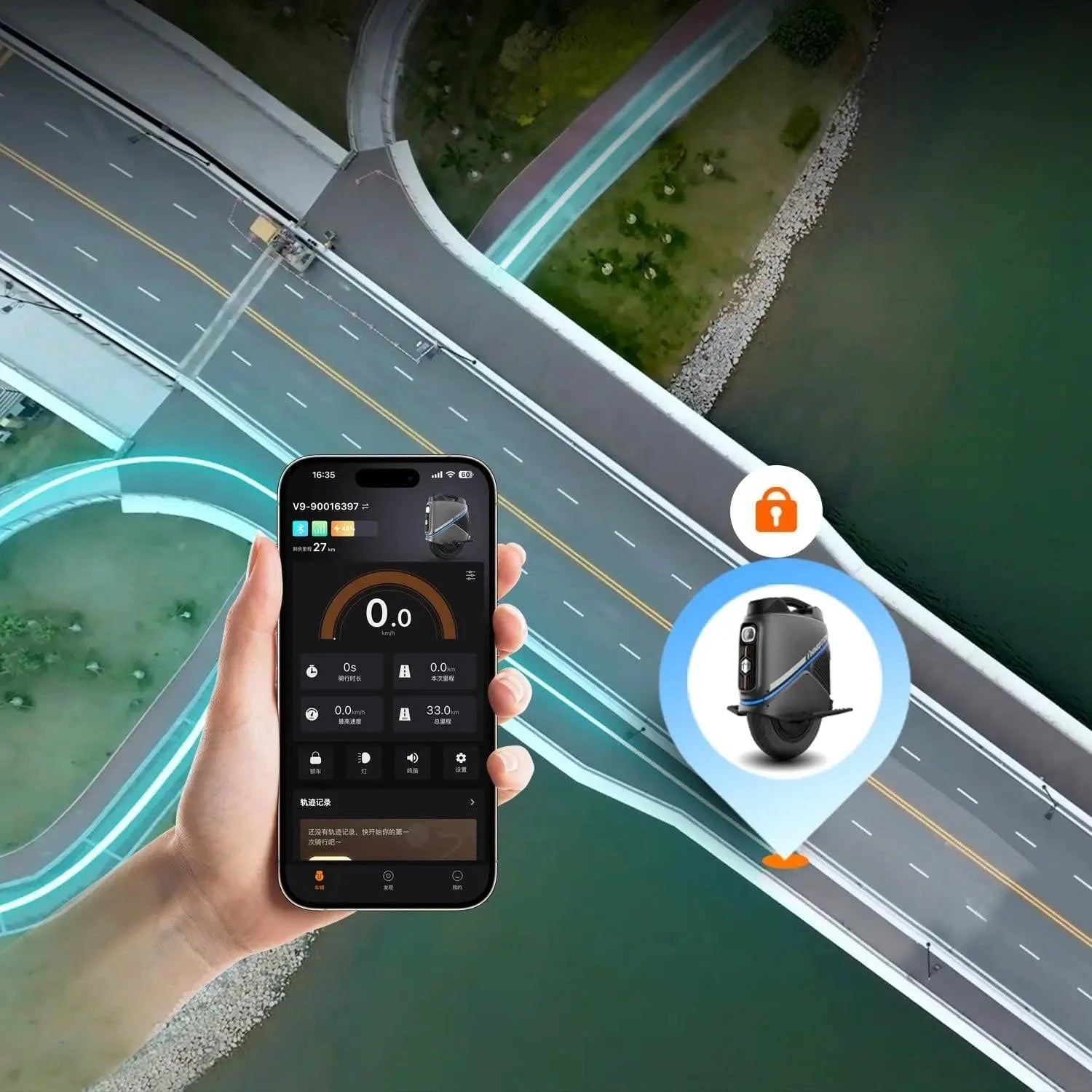 INMOTION V9 electric unicycle with smartphone app control displayed on a hand