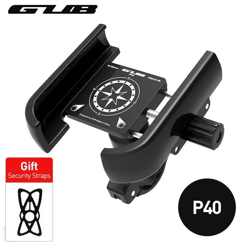 Black aluminum bike phone mount with handlebar clamp and side grip, P40 badge