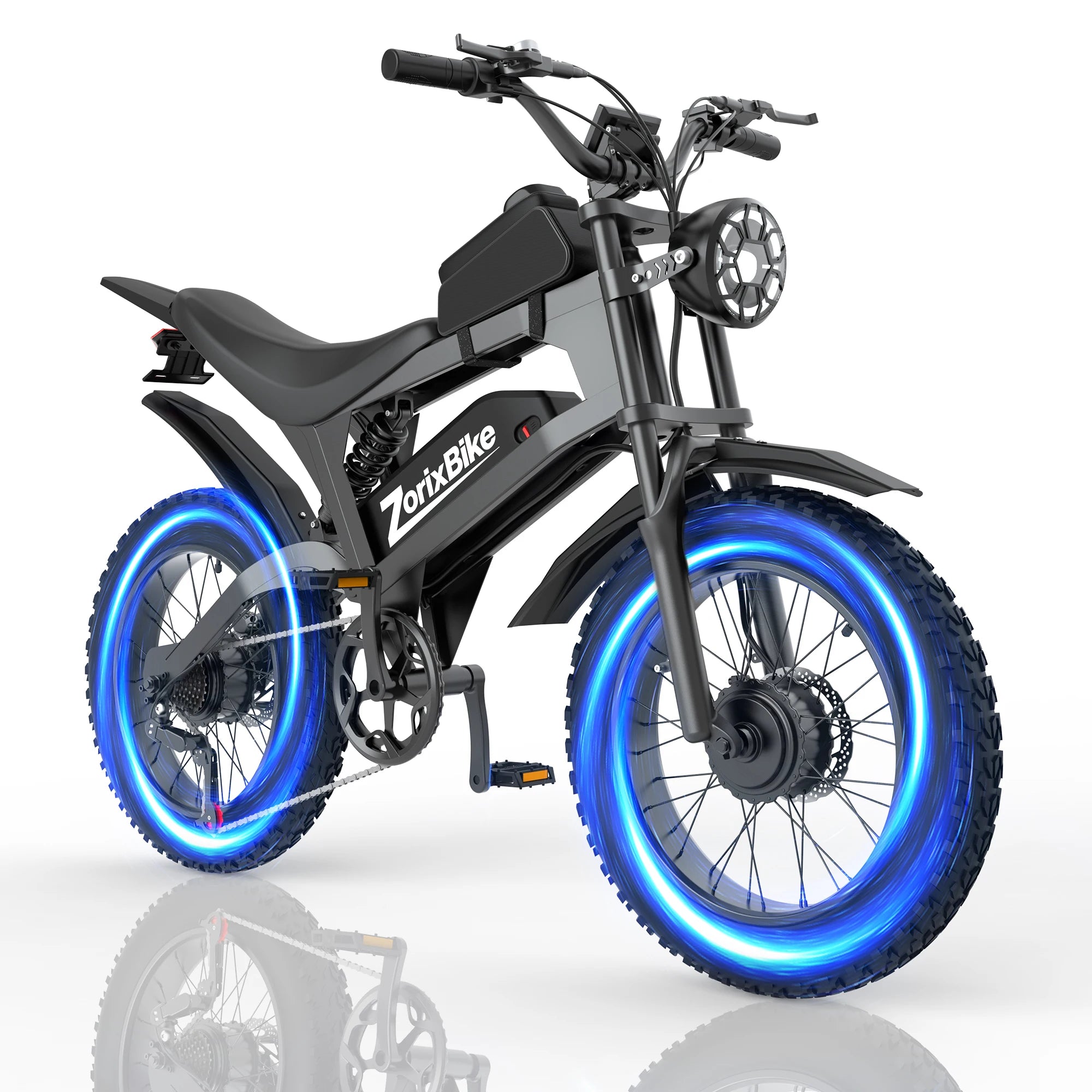 ZorixBike electric dirt bike with two glowing blue wheels, black frame, disc brakes