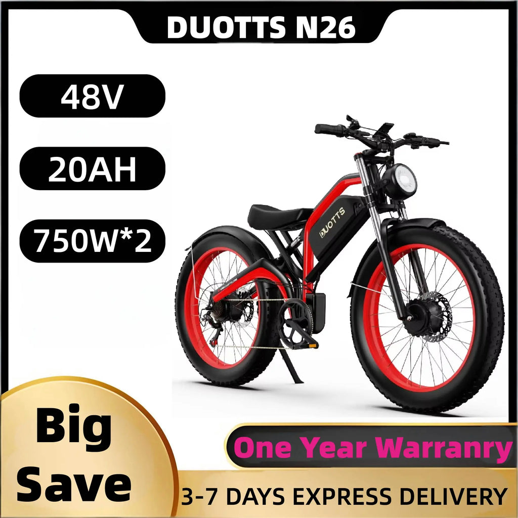 DUOTTS N26 Adult E-bike 750W*2 E-Mountain bike 48V20AH 26*4.0 inch Fat Tire Off Road Electric Bike
