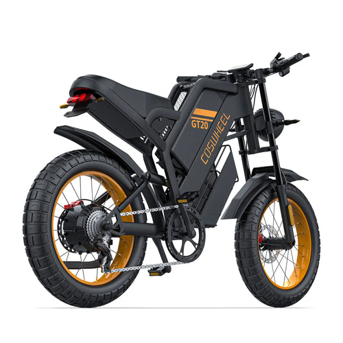 COSWHEEL GT20 electric bike, side view with orange wheel rims and disc brakes.