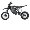 Black electric dirt bike, angled side view with detailed battery pack and frame