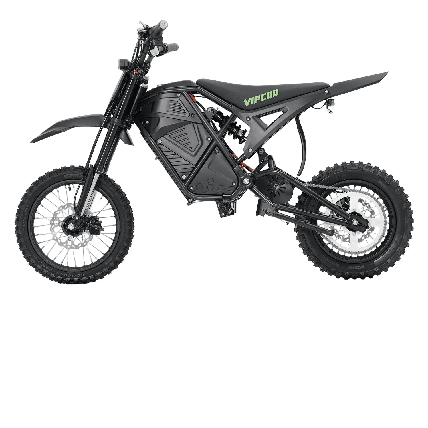 Black electric dirt bike, angled side view with detailed battery pack and frame