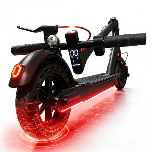Black electric scooter front view with illuminated rear wheel lights and dashboard display