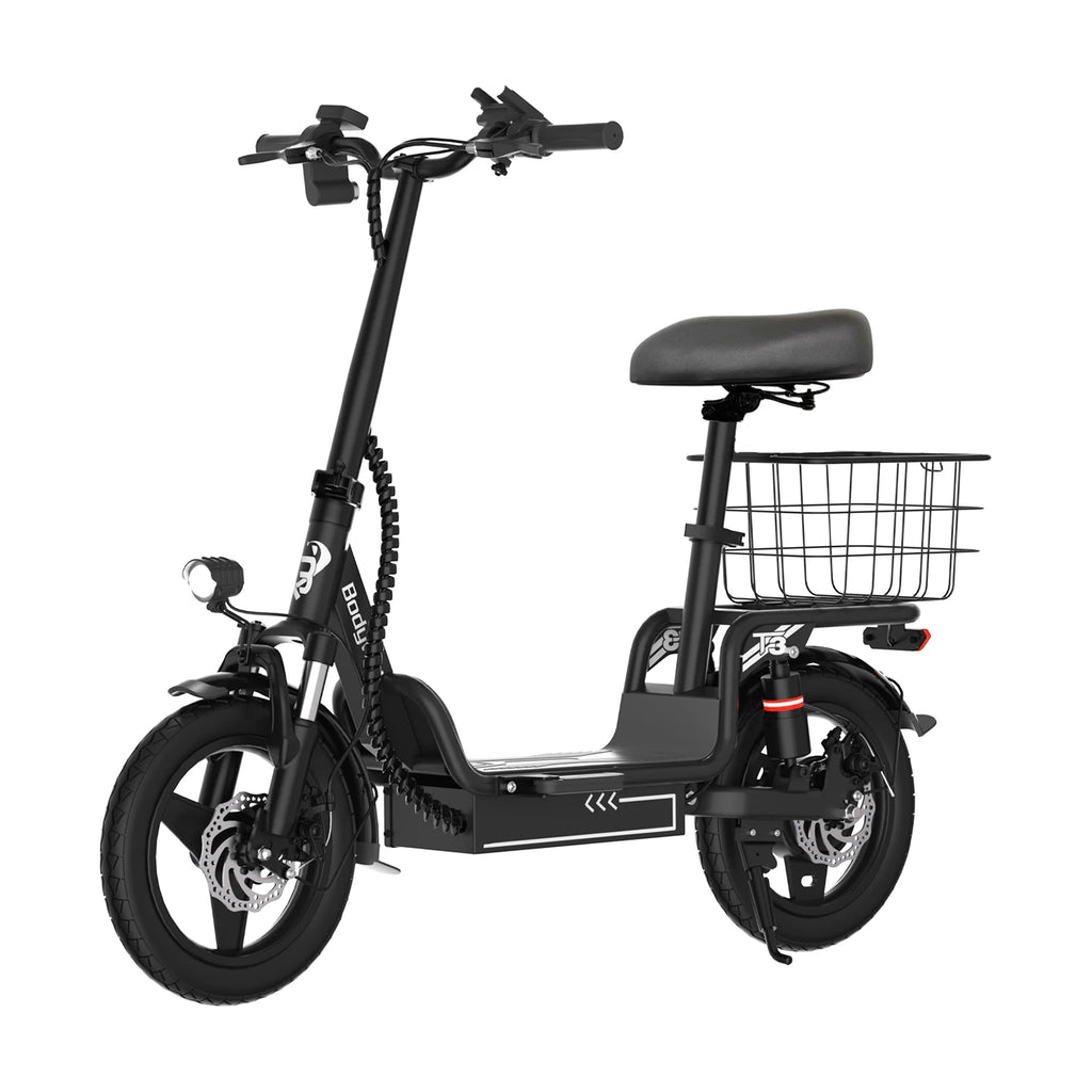Black folding electric bike with front wire basket, saddle, and front disc brakes