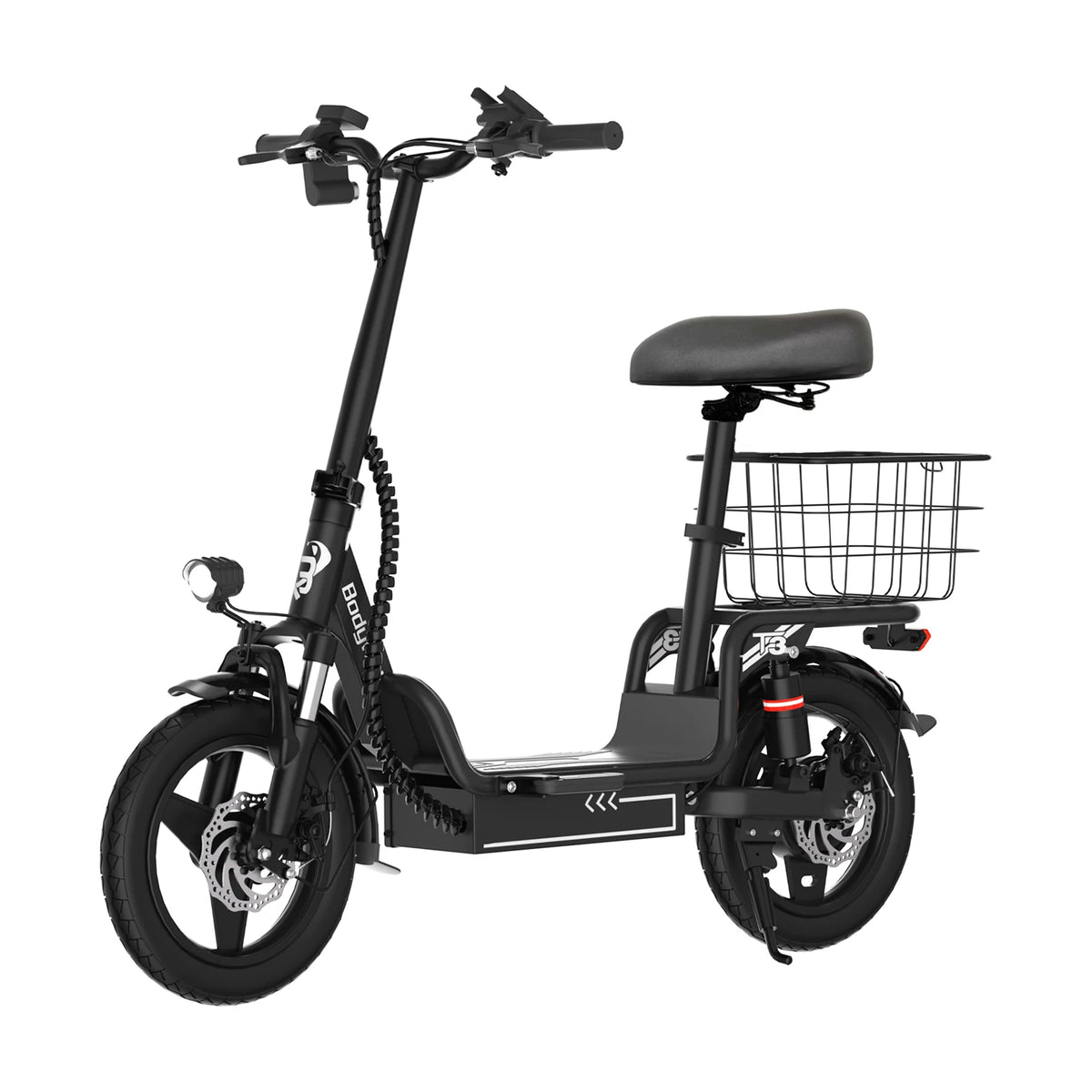 Black folding electric bike with front wire basket, saddle, and front disc brakes