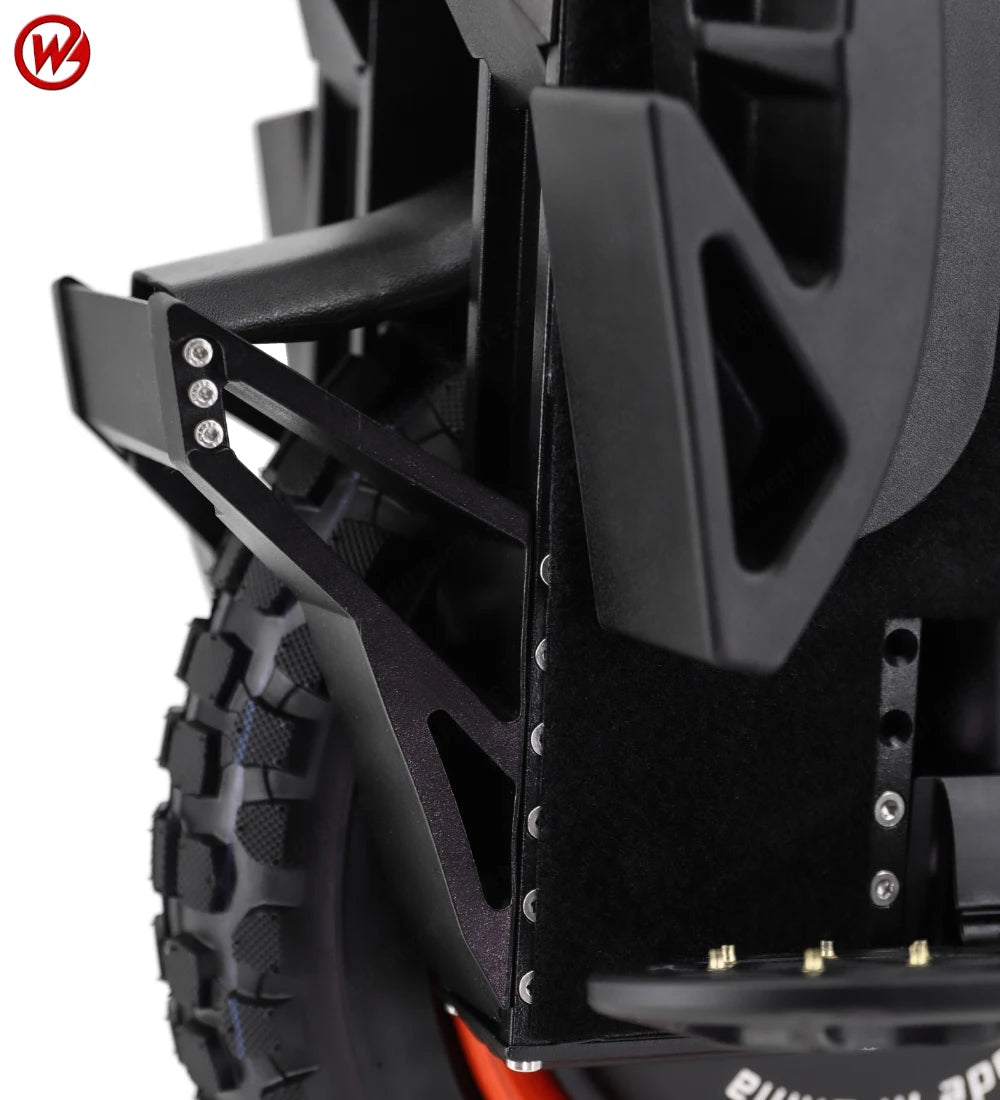 Electric unicycle suspension bracket and tire tread detail on black body with mounting bolts