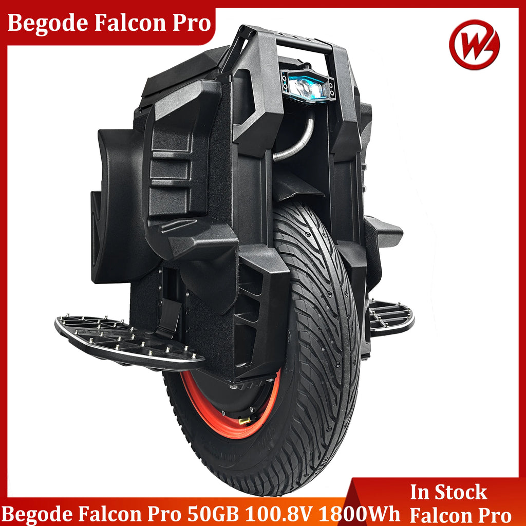 Electric unicycle with black frame, knobby tire, and orange accent rim