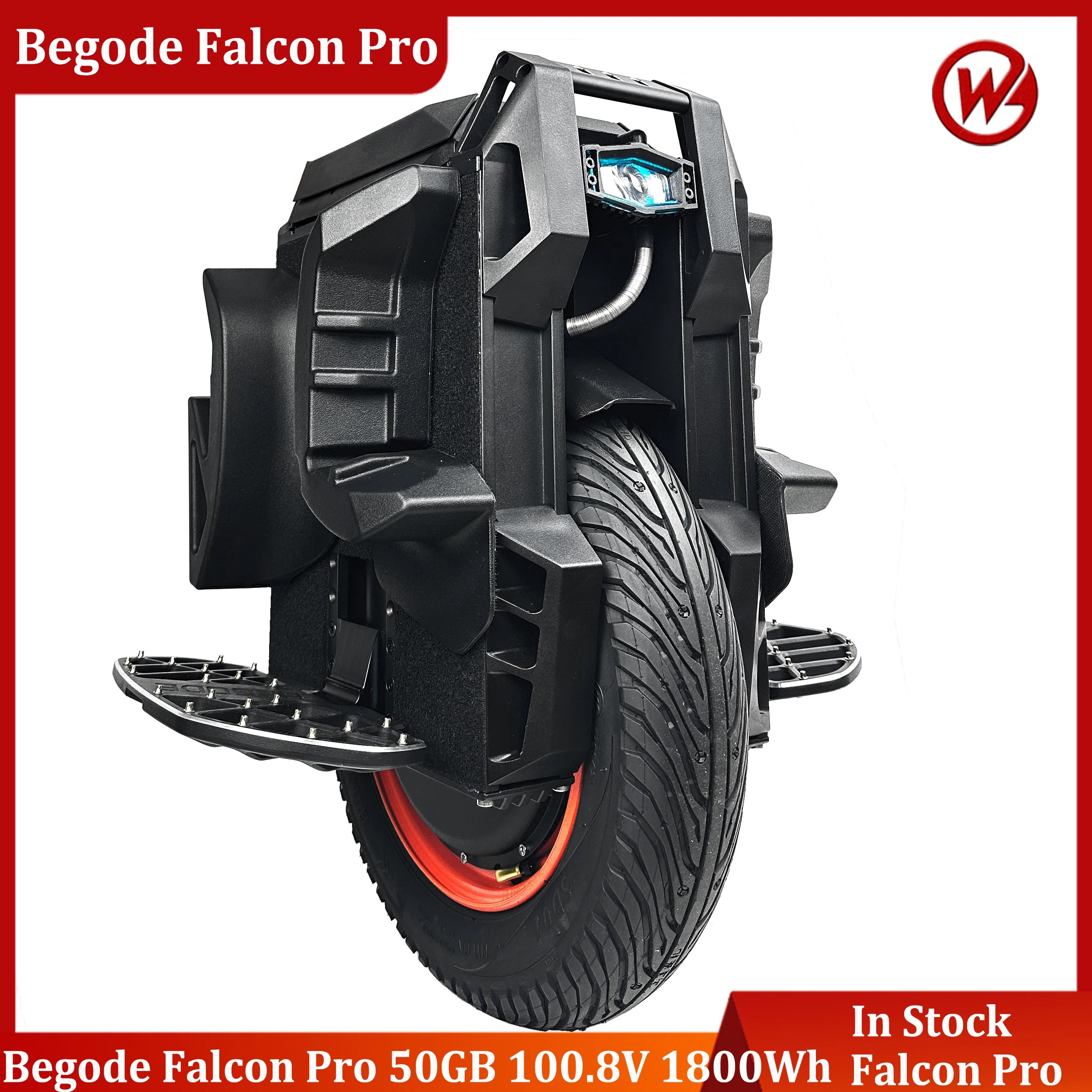 Electric unicycle with black frame, knobby tire, and orange accent rim