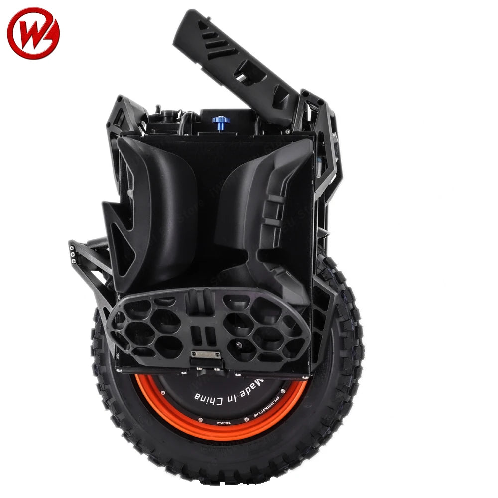 Electric unicycle front three-quarter view with suspension housing and knobby tire