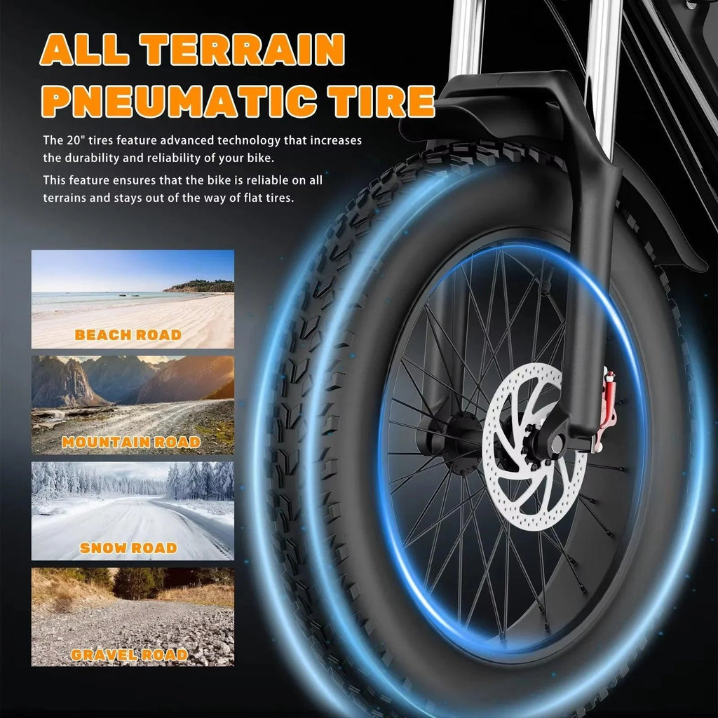 Front fat bike wheel with disc brake, pneumatic tire, and blue LED glow rim.