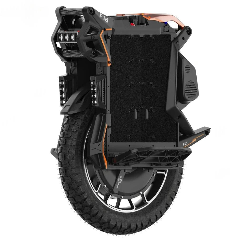 Electric unicycle front view with black frame, knobby tire, orange accent lines, speaker grilles