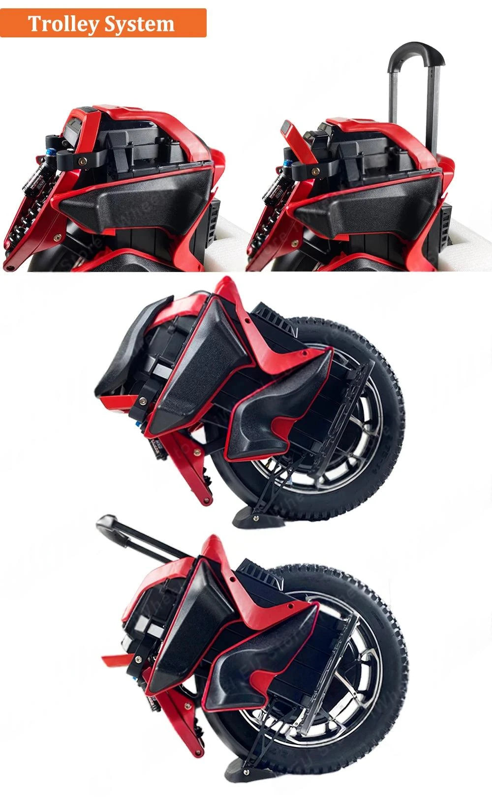 Red and black electric unicycle with trolley handle, shown from multiple side angles