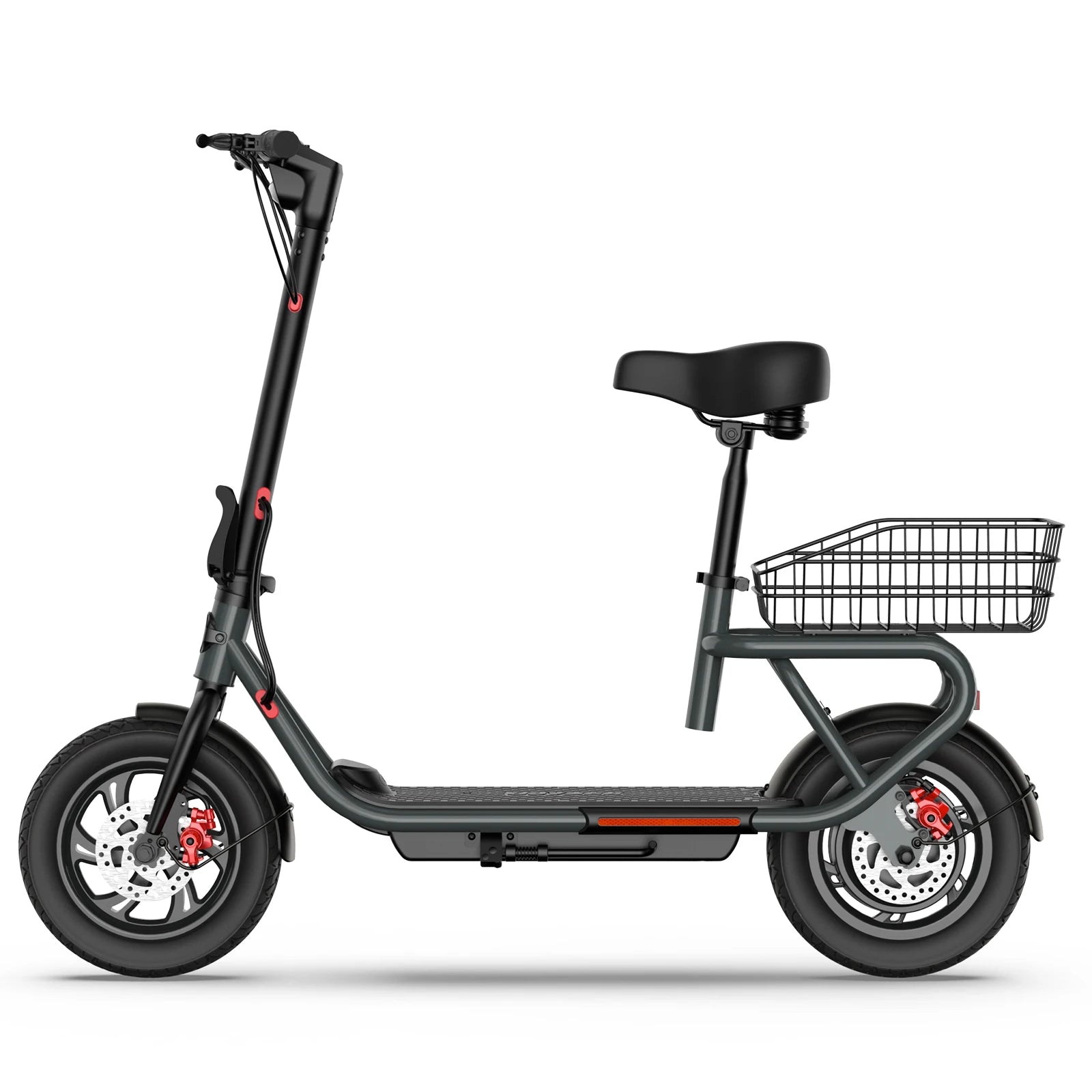 Black folding electric bike with seat and front wire basket, disc brakes