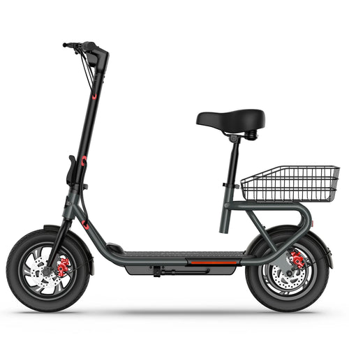 Black folding electric bike with seat and front wire basket, disc brakes