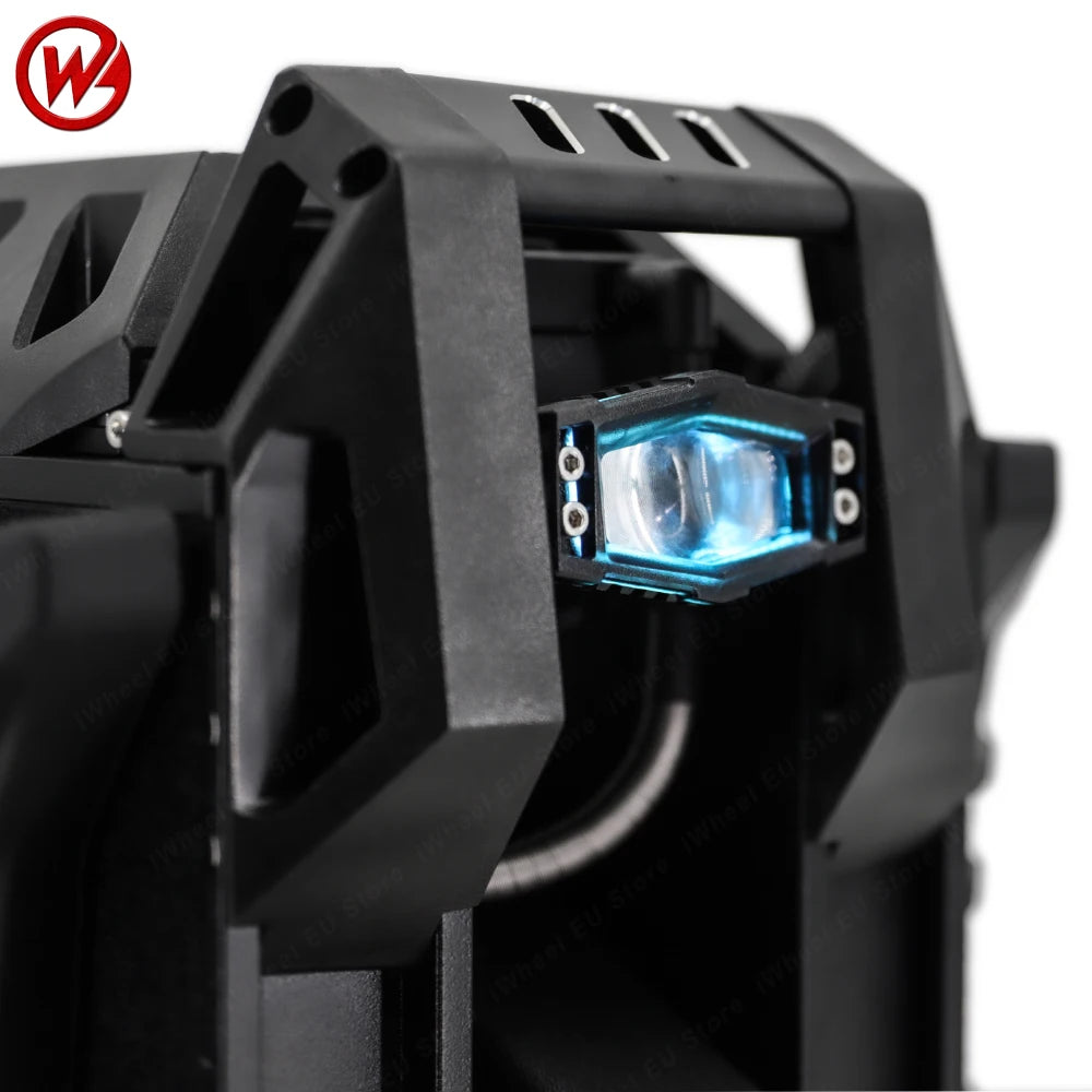 Electric unicycle close-up of blue headlight in black front housing