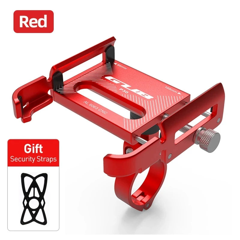 Red aluminum bike phone mount with handlebar clamp and knurled adjustment dial, Plus 11