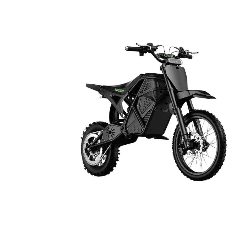 Black electric dirt bike with knobby tires and front disc brake