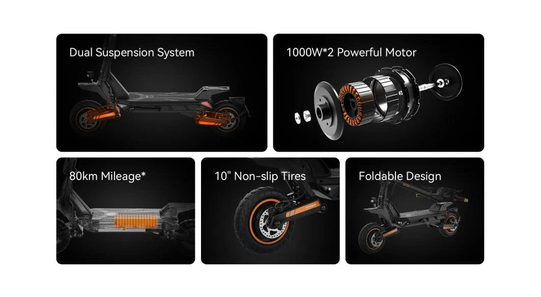 Black electric scooter features collage showing dual suspension, off-road tires, fold