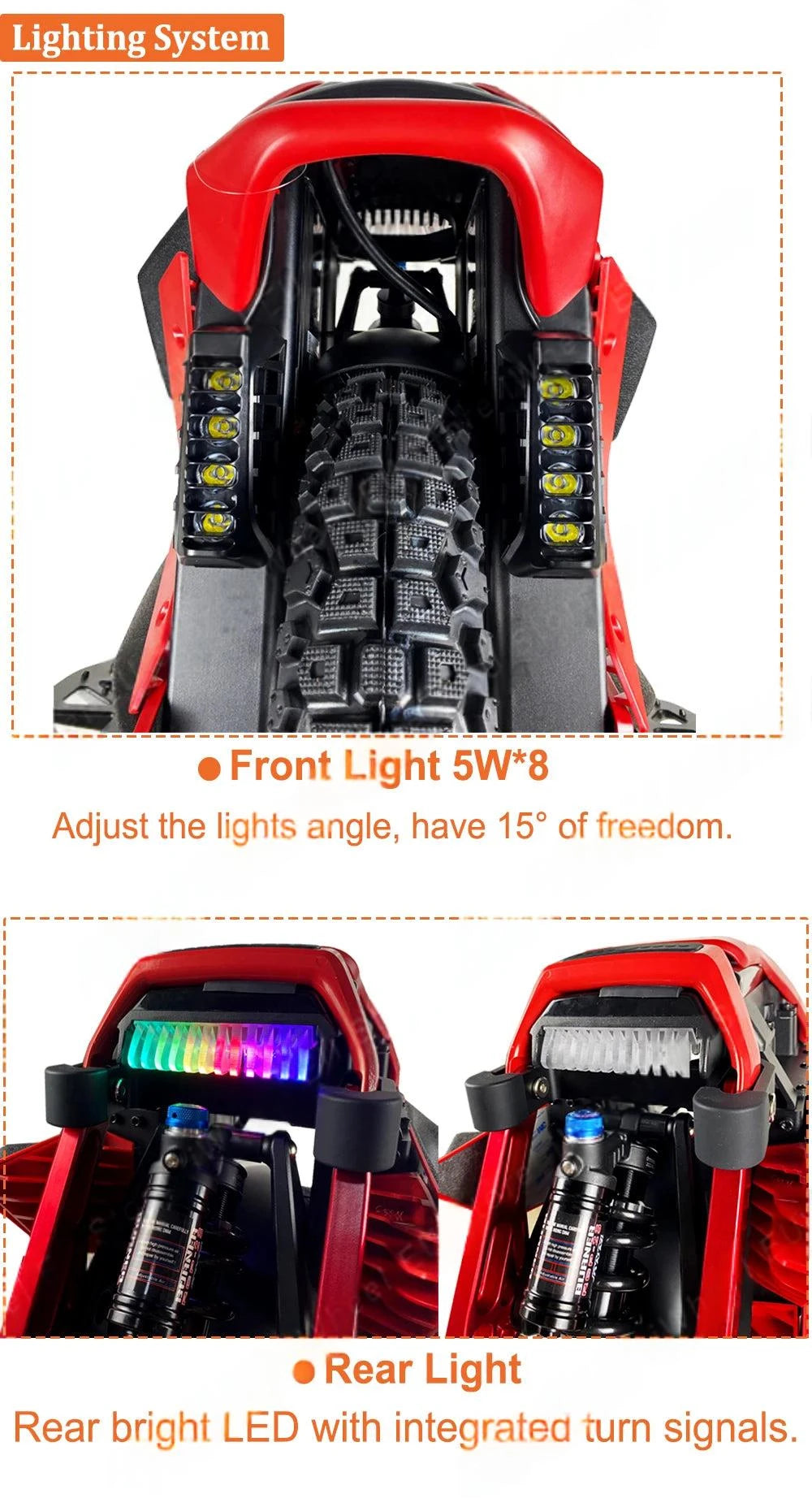 Red electric unicycle lighting system with front light bars and rear LED turn signals.