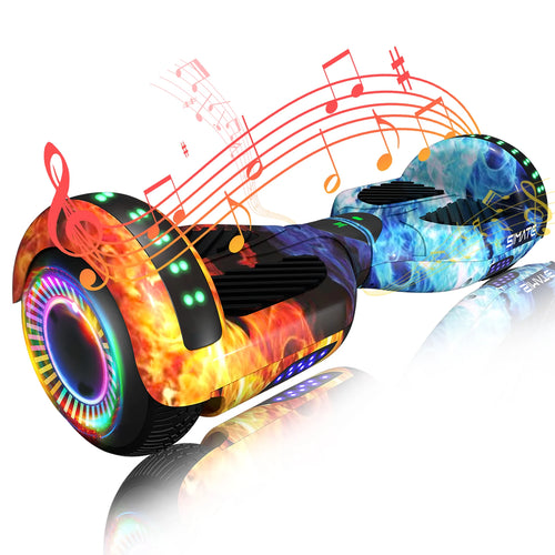 Orange hoverboard with multicolor LED light wheels, built-in speaker grilles, Bluetooth-ready